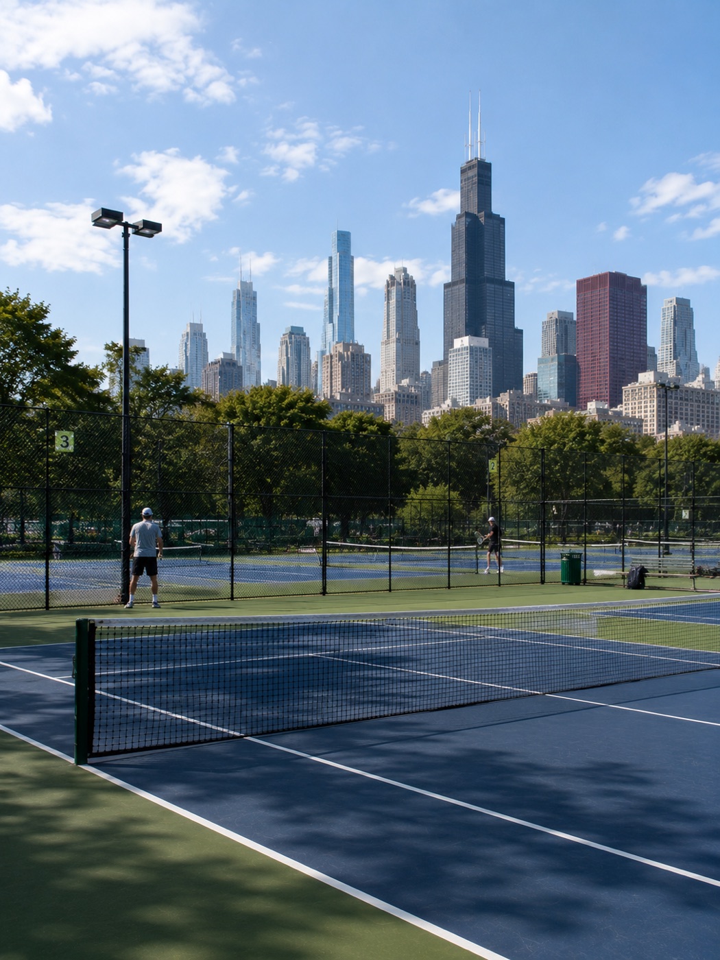 Chicago tennis courts with the downtown skyline behind them